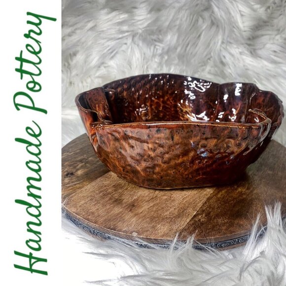 HANDMADE CERAMIC PINCHED TEXTURED BOWL Brown Mottled Artist Signed R. Turiel - Picture 1 of 9